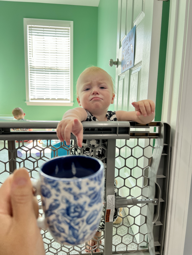 A toddler reaching out of the room behind baby gate